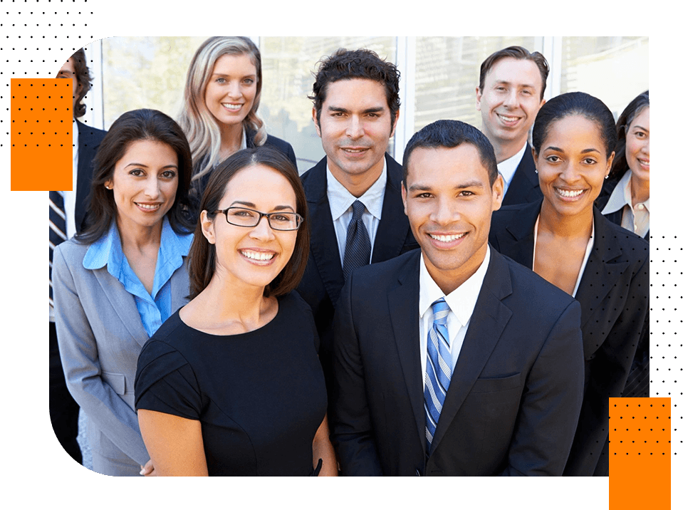 A group of people in business attire posing for the camera.